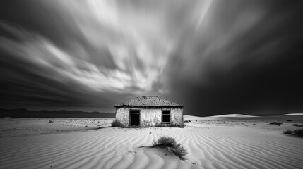 Abandoned house in desolate desert under dramatic sky