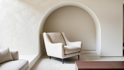 Elegant minimalist room with modern armchair in an arched alcove