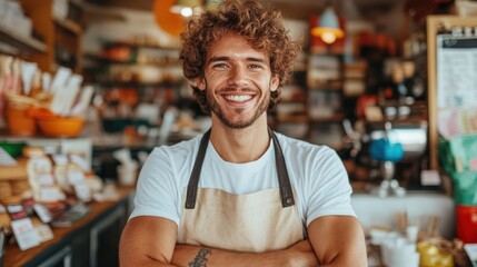 Happy barista smiles while serving customers at a cozy café during the morning rush