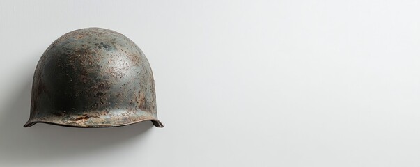 A worn military helmet displayed against a plain background, reflecting history and resilience.