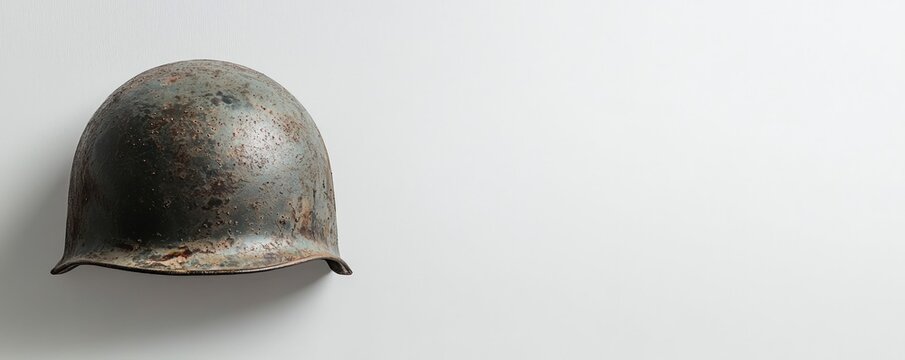 A worn military helmet displayed against a plain background, reflecting history and resilience.