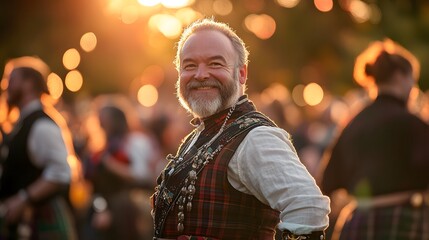 Obraz premium A man in a traditional kilt, smiling proudly as he participates in a lively Ceilidh dance at a Scottish Highland Festival, his face glowing with joy and pride