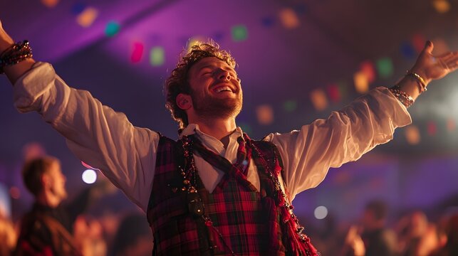 A man in a traditional kilt, smiling proudly as he participates in a lively Ceilidh dance at a Scottish Highland Festival, his face glowing with joy and pride