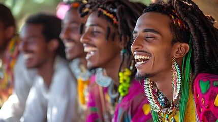 Naklejka premium A group of friends in colorful traditional clothing, laughing together as they feast during the Ethiopian Meskel Festival, their faces glowing with joy and festivity