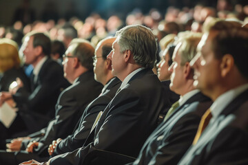 Obraz premium professionals, including politicians and businessmen, attentively listening to a presidential conference