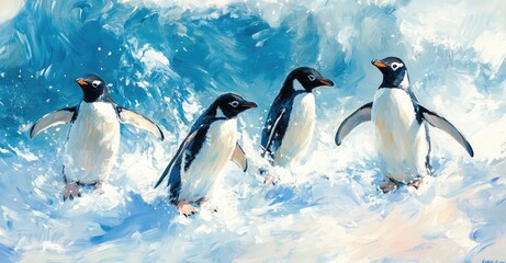 Obraz premium Active Penguins in Winter. AI generated illustration.