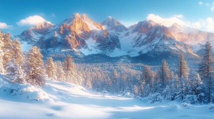 Serene winter landscape with majestic snow-capped mountains.