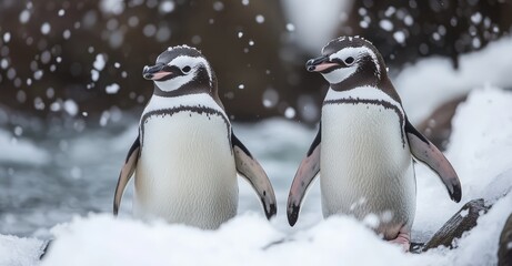 Fototapeta premium Active Penguins in Winter. AI generated illustration.