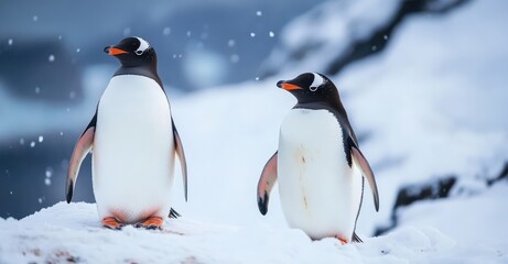 Obraz premium Active Penguins in Winter. AI generated illustration.