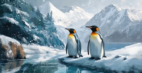 Obraz premium Active Penguins in Winter. AI generated illustration.