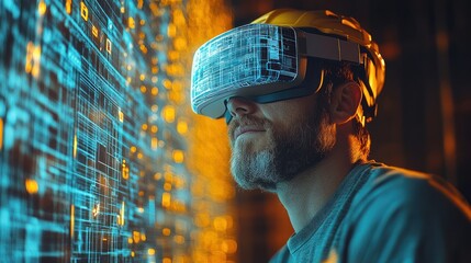 A man wearing a VR headset, engaged with digital data in a tech-focused environment.