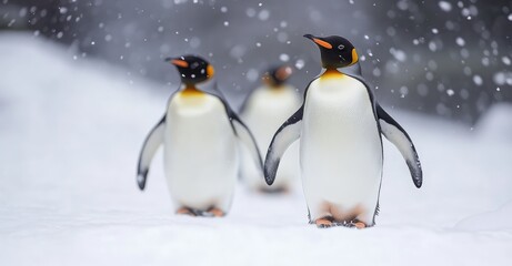 Fototapeta premium Active Penguins in Winter. AI generated illustration.