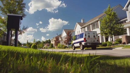 A mail delivery truck stopping at a suburban mailbox, with houses and lawns visible, Residential setting with quiet neighborhood