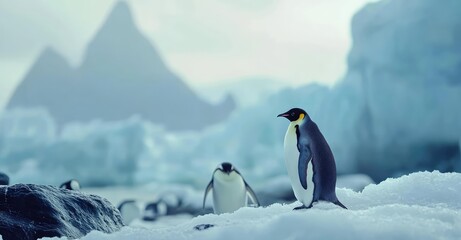 Fototapeta premium Active Penguins in Winter. AI generated illustration.