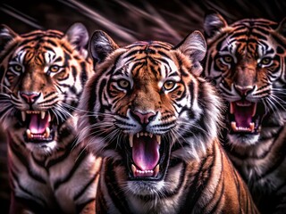 Obraz premium Fierce Tiger Heads Roaring with Intensity - Long Exposure Photography