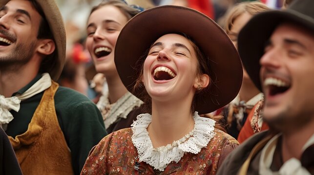 A group of people in traditional Swiss clothing, yodeling and laughing together during a lively Alpabzug festival, their faces full of joy and tradition