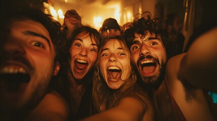 A group of friends taking a fun selfie at the after-party, their faces full of laughter and excitement as they celebrate late into the night