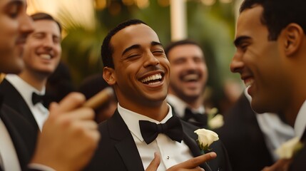 A groom and his friends enjoying a cigar outside at the after-party, their faces full of satisfaction and celebration as they relax after the big day