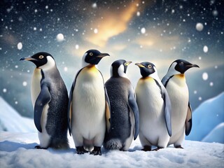 Fototapeta premium Five Penguins on a Snowy Landscape - Winter Wildlife Photography