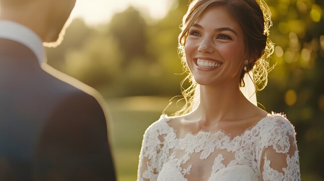A bride in a stunning lace gown, smiling lovingly at her groom during their outdoor wedding ceremony, the soft sunlight illuminating her face