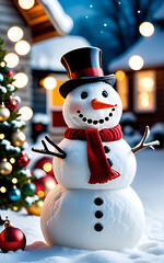 Obraz premium snowman stands winter scene amidst festive decorations snowy backdrop merry christmas card