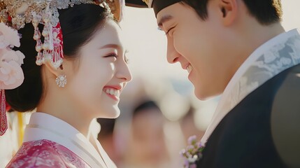 A couple in traditional Korean hanbok, smiling brightly as they bow to their guests during their wedding ceremony, their faces full of pride and happiness