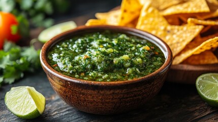 Fresh tomatillo salsa with chips.
