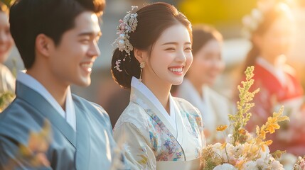 A couple in traditional Korean hanbok, smiling brightly as they bow to their guests during their wedding ceremony, their faces full of pride and happiness