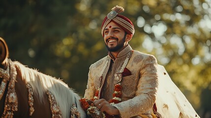 A groom in a traditional Indian sherwani, smiling confidently as he rides a decorated horse to his wedding ceremony, his face filled with joy