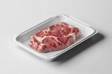 mockup packaging for meat, tray, white, not transparent, meat in the package, gray, neutral background