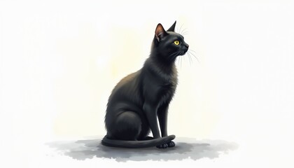 Black cat sitting with attentive expression on light background