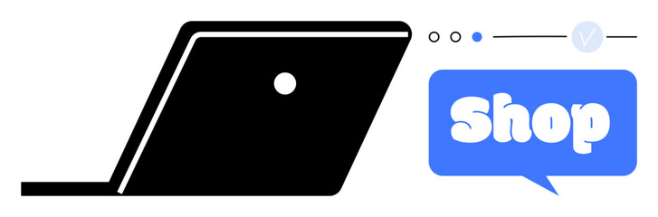 Laptop silhouette with a blue bubble containing the text Shop. Ideal for e-commerce, online shopping, digital marketing, internet retail, web design. Minimalist style with simple shapes in black