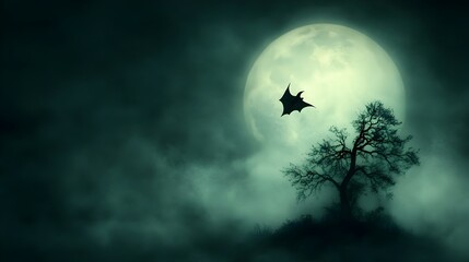 Bats silhouetted against the full harvest moon swooping through the mist shrouded forest in a dramatic Gothic inspired landscape with moody atmospheric lighting