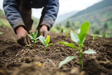Main plantant une jeune plante en terre fertile
