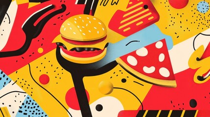 Stylized fast food icons of burgers, pizza, and fries create a lively composition with bold colors and playful patterns, capturing a fun atmosphere. Generative AI