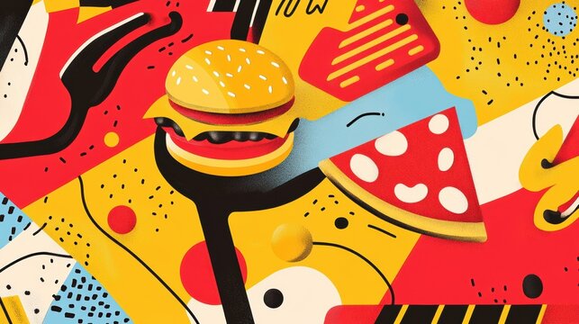 Stylized fast food icons of burgers, pizza, and fries create a lively composition with bold colors and playful patterns, capturing a fun atmosphere. Generative AI
