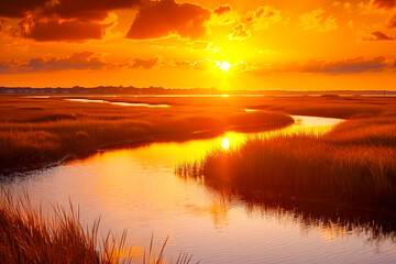 Saltmarsh on the Virginia coast in USA in the golden sun at sunset