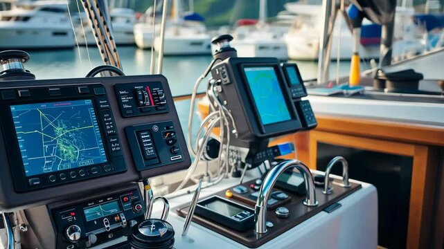 A close-up shot of the navigation system on a sailboat, showing the map display with other control panels, in a marina