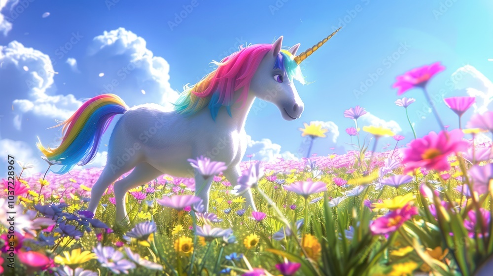 Poster Magical Unicorn in a Field of Flowers