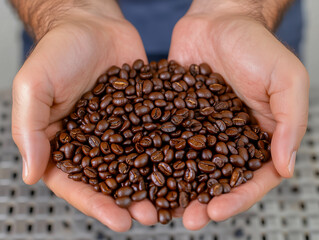 Man's hands holding freshly roasted aromatic coffee beans over a modern coffee roasting machine
