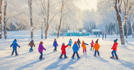 Children Playing in Winter Park. AI generated illustration.
