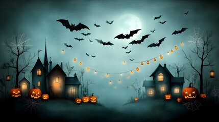 Swarms of bats swooping through the night sky above a quaint moonlit town adorned with jack o  lanterns cobweb draped trees and twinkling string lights