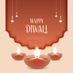 Happy Diwali Celebration Background. Diwali Festival Of Lights Banner with Diya Vector Illustration. Happy Diwali Social Media Post Template.
