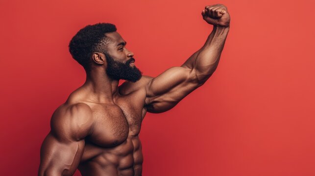 A muscular man flexing his bicep against a vibrant red background in a confident pose