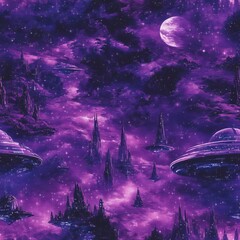 Obraz premium Futuristic space cities floating among stars, metallic silver and purple tones, seamless pattern, [fabric motif], [sci-fi utopia]