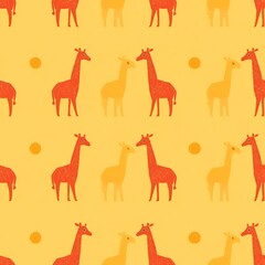 Naklejka premium Giraffes with abstract geometric patterns, warm oranges and yellows, seamless layout, [animal motif], [artistic safari]