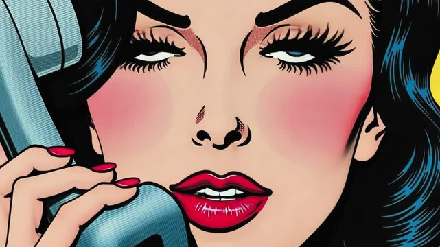 Pop art portrait of attractive woman gazing intensely at the camera while talking into a vintage telephone receiver. Stylized illustration exudes retro glamour and bold feminine allure.
