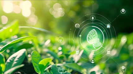 Farm technology display on a leaf, showcasing data and information about agricultural advancements. The image combines nature with digital tech, featuring graphical overlays on a leaf.