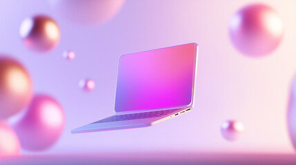 Futuristic Laptop in Neon Gradient Surreal 3D Environment