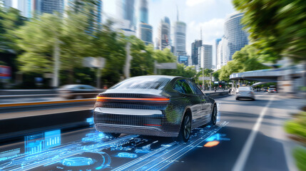 Futuristic electric car riding through a high-tech cityscape with digital elements and smart infrastructure